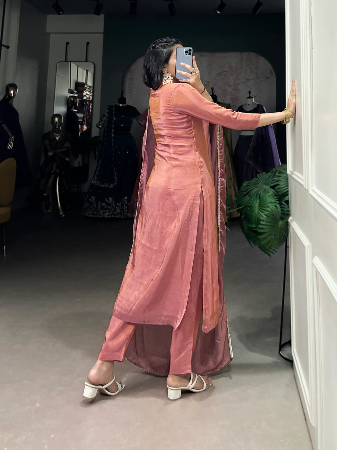 Peach Tissue Salwar Suit With Hand Work & Lace Touch Up - qivii