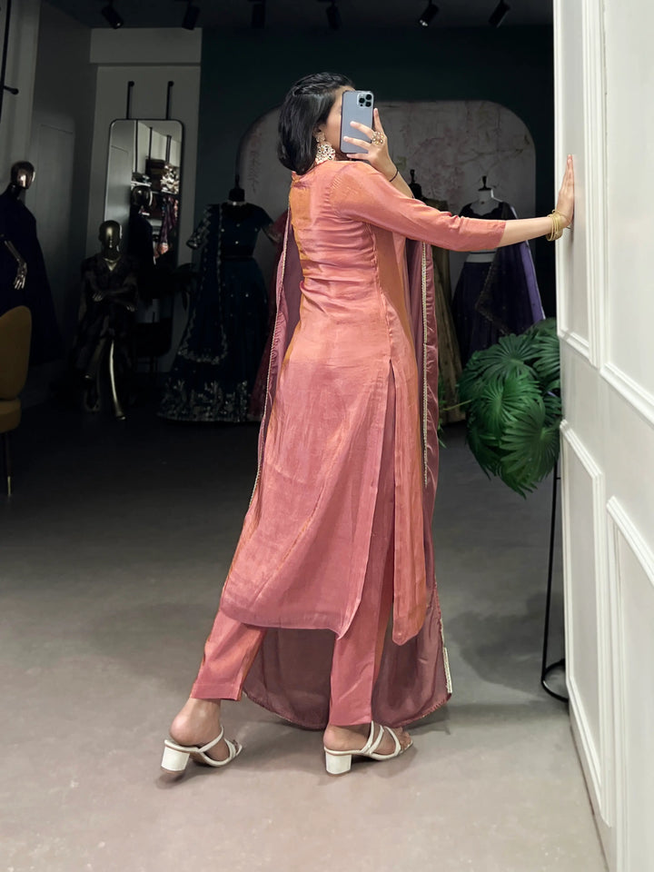 Peach Tissue Salwar Suit With Hand Work & Lace Touch Up - qivii