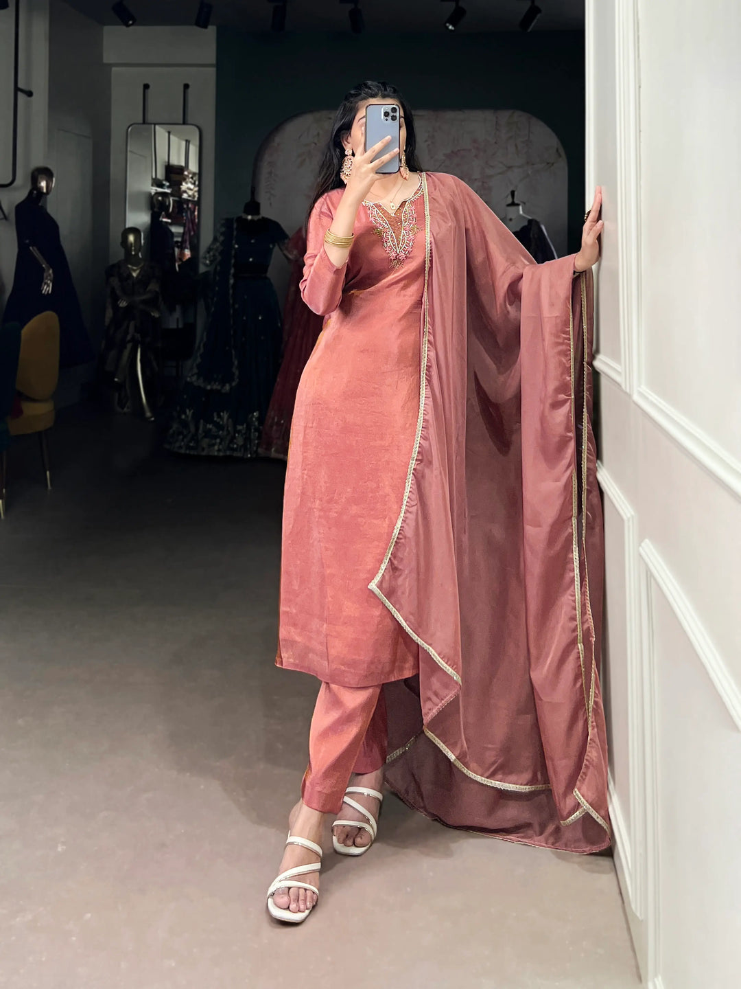 Peach Tissue Salwar Suit With Hand Work & Lace Touch Up - qivii