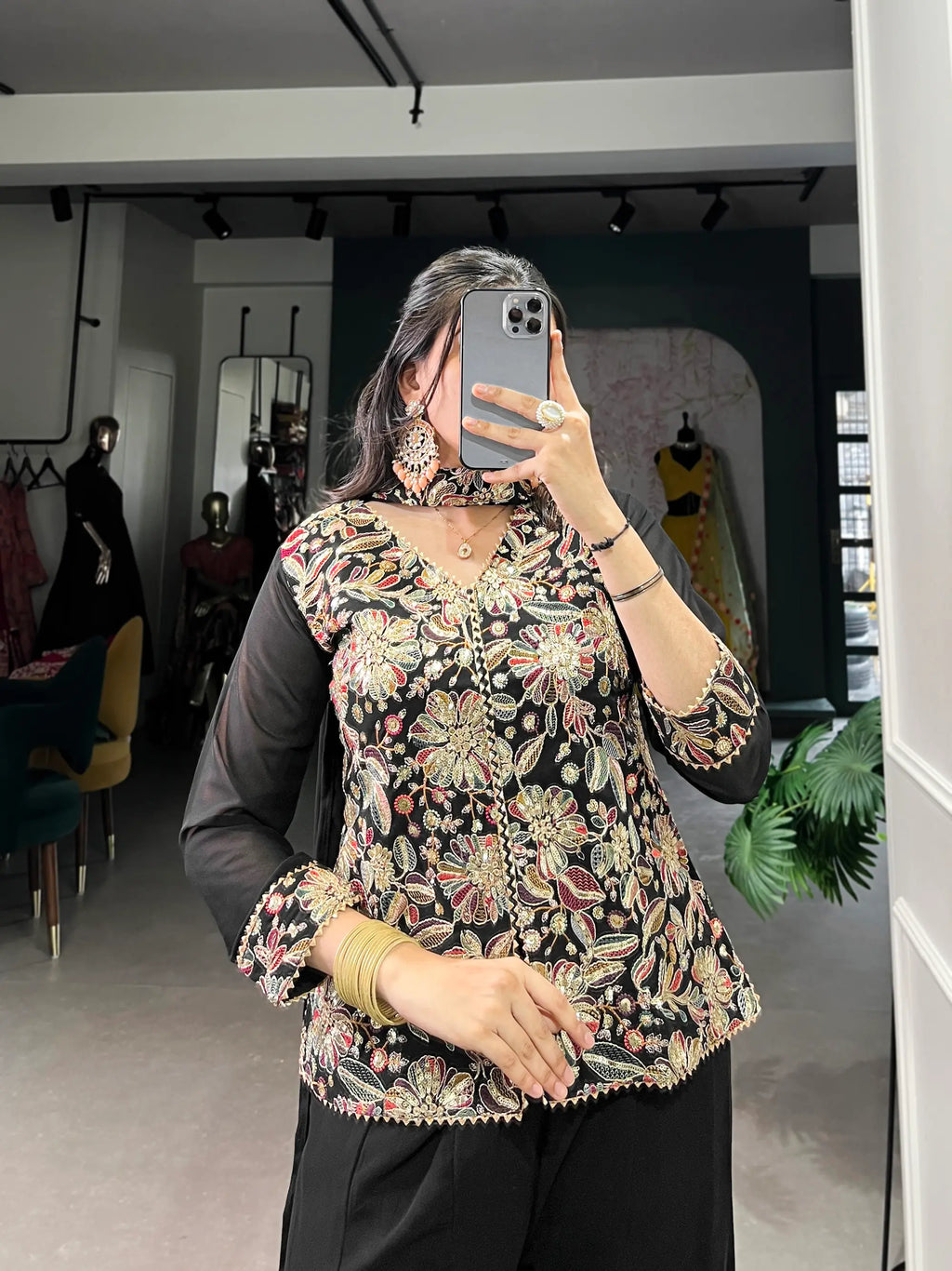 Black Georgette Thread & Sequins Embroidery Work Indo Western Set