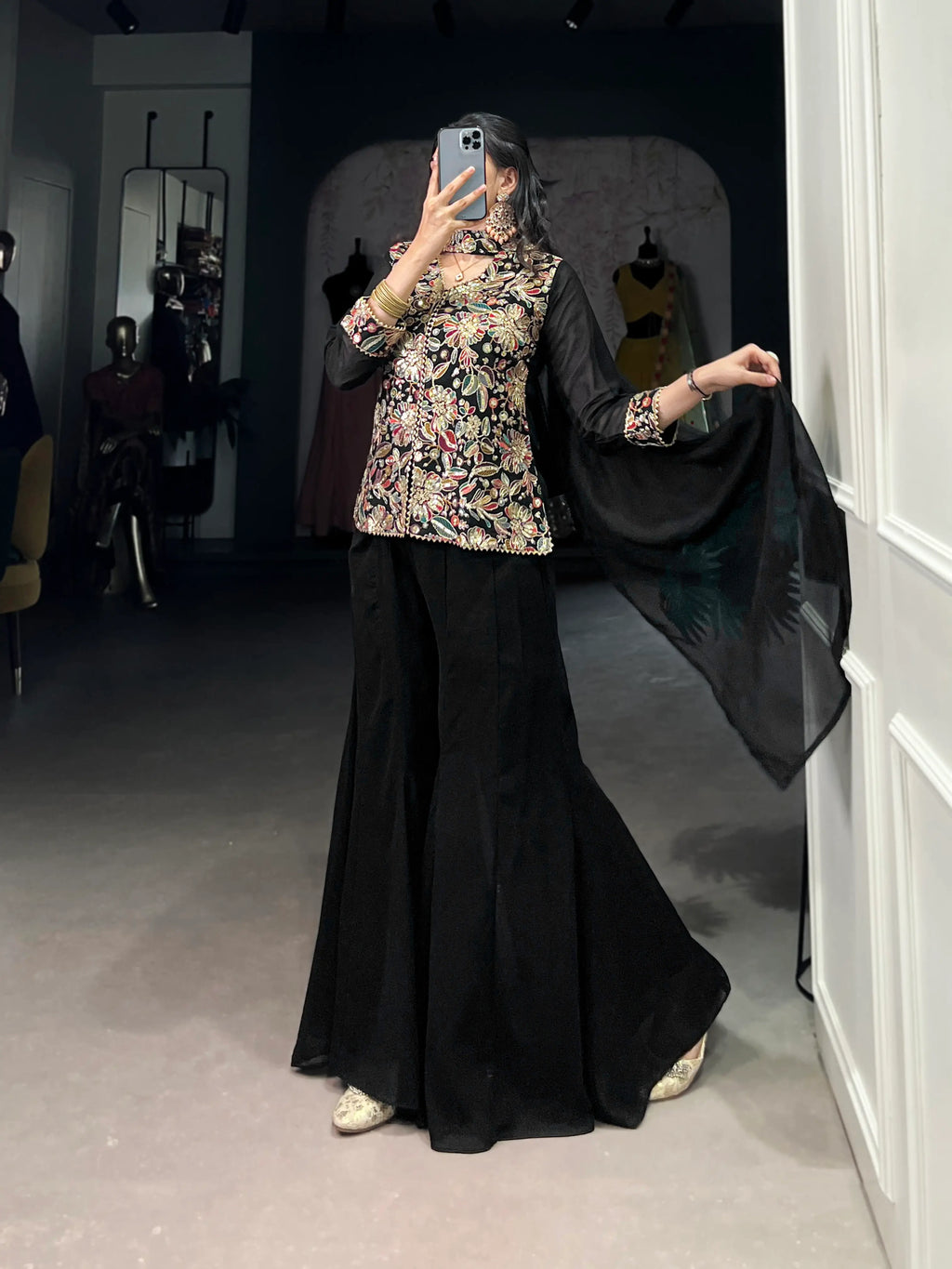 Black Georgette Thread & Sequins Embroidery Work Indo Western Set