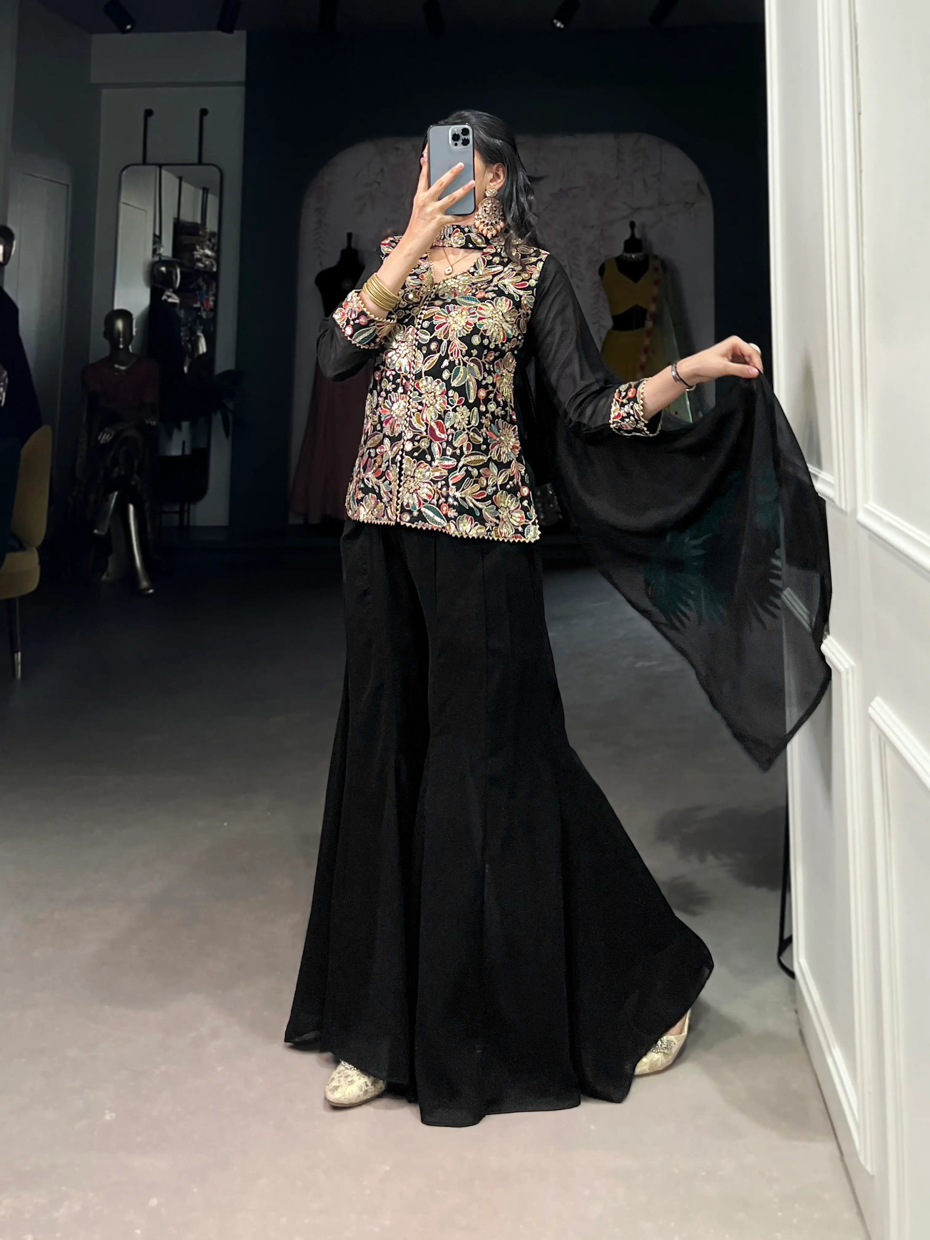 Black Georgette Thread & Sequins Embroidery Work Indo Western Set