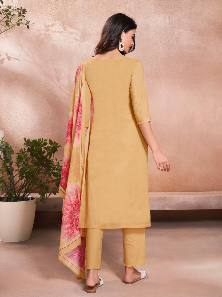 Yellow Cotton Top with Designer Border Trouser and Digital Floral Dupatta Kurta Suit Set - qivii
