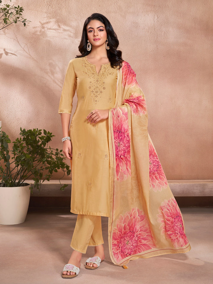 Yellow Cotton Top with Designer Border Trouser and Digital Floral Dupatta Kurta Suit Set - qivii