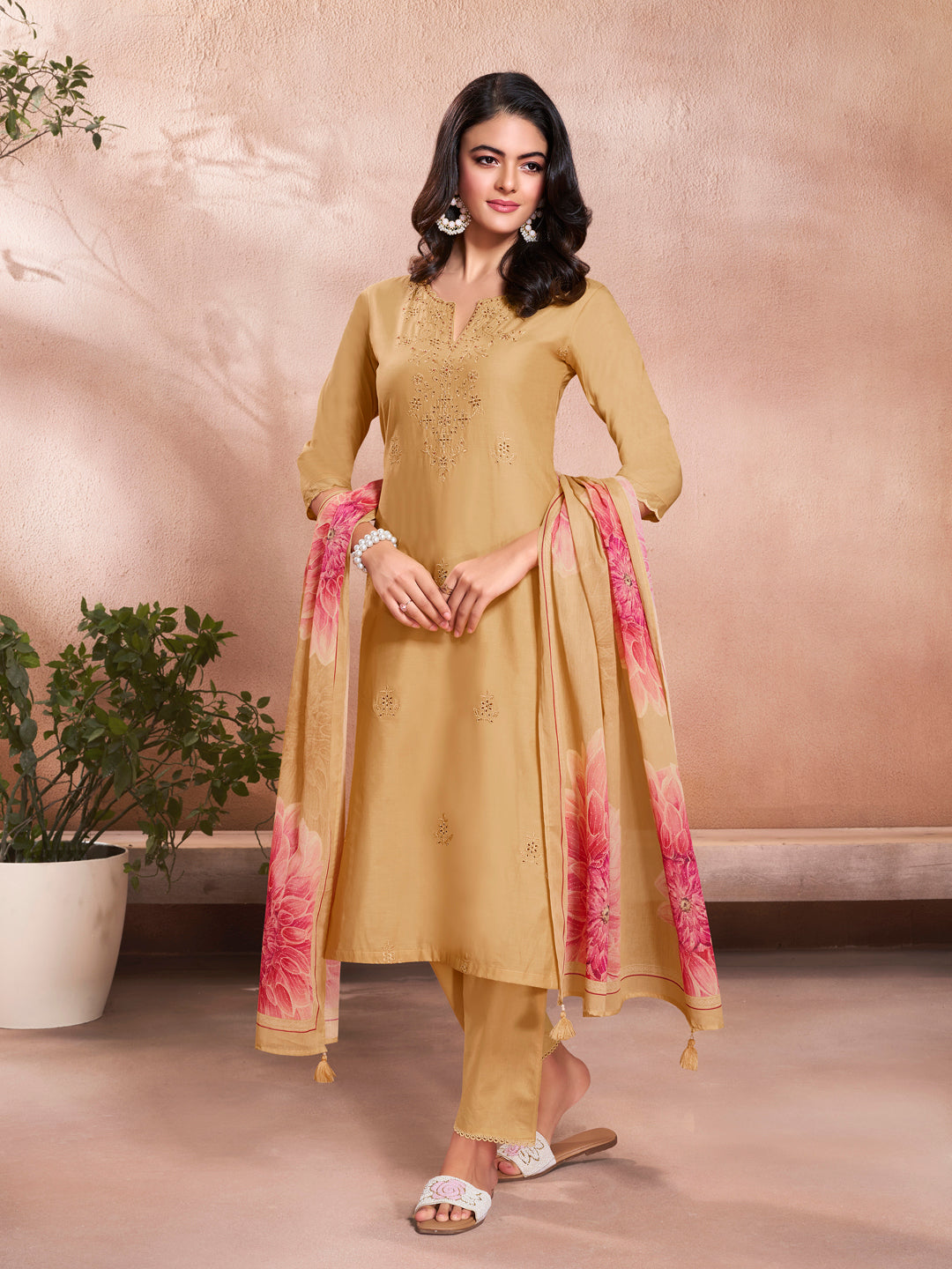 Yellow Cotton Top with Designer Border Trouser and Digital Floral Dupatta Kurta Suit Set - qivii