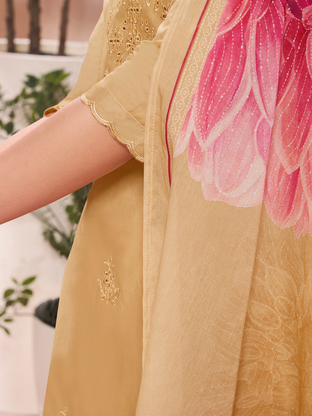 Yellow Cotton Top with Designer Border Trouser and Digital Floral Dupatta Kurta Suit Set - qivii