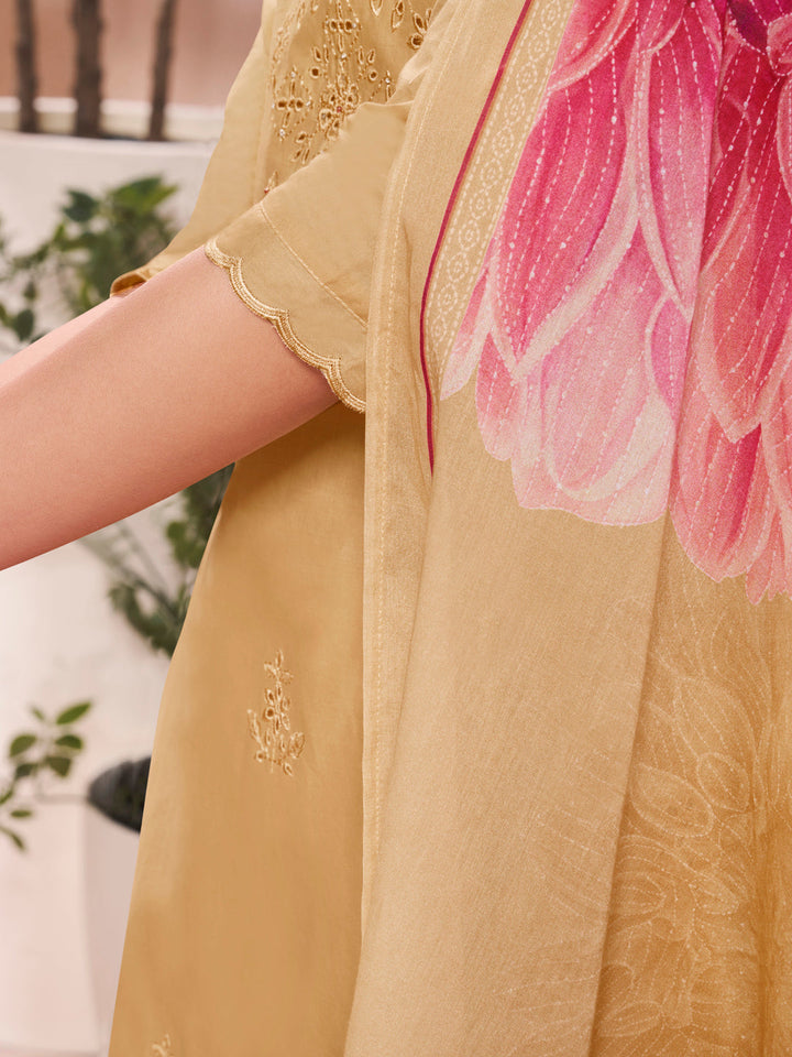 Yellow Cotton Top with Designer Border Trouser and Digital Floral Dupatta Kurta Suit Set - qivii