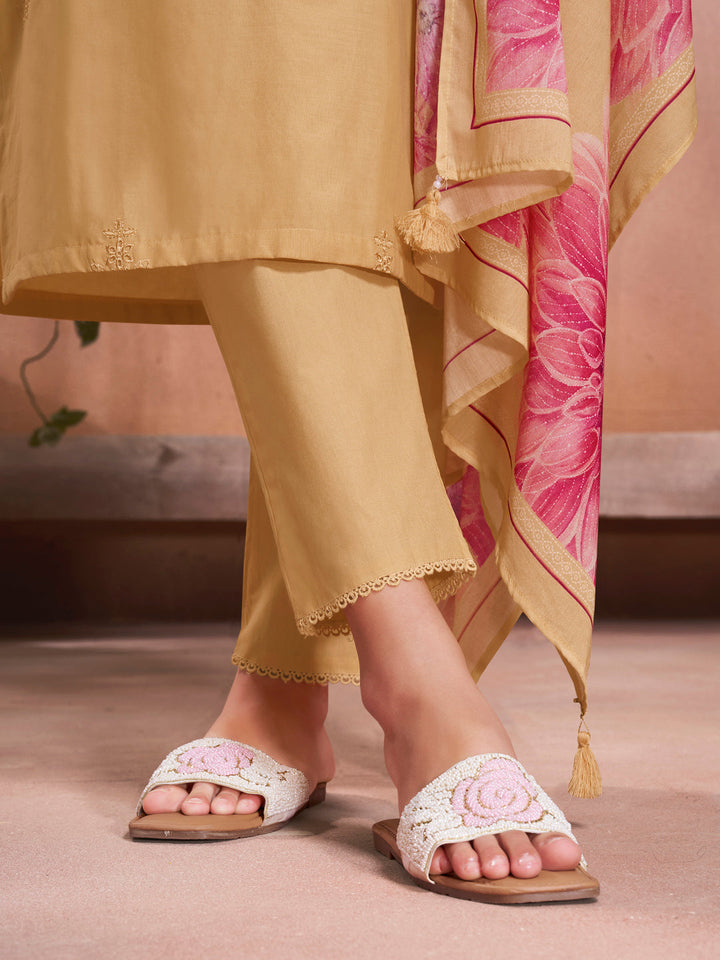 Yellow Cotton Top with Designer Border Trouser and Digital Floral Dupatta Kurta Suit Set - qivii