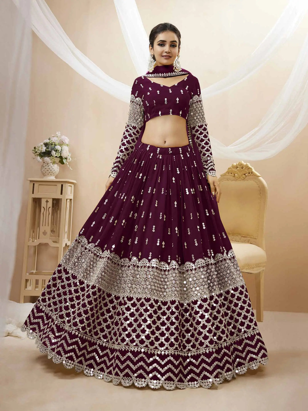 Wine Colored Georgette Lehenga  With Sequence And Zari Embroidery Work | Ready To Wear - qivii