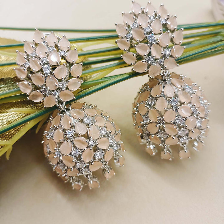 Beautiful Jiya Peach Silver Plated Jhumki Earrings with Sparkling American Diamond Accents