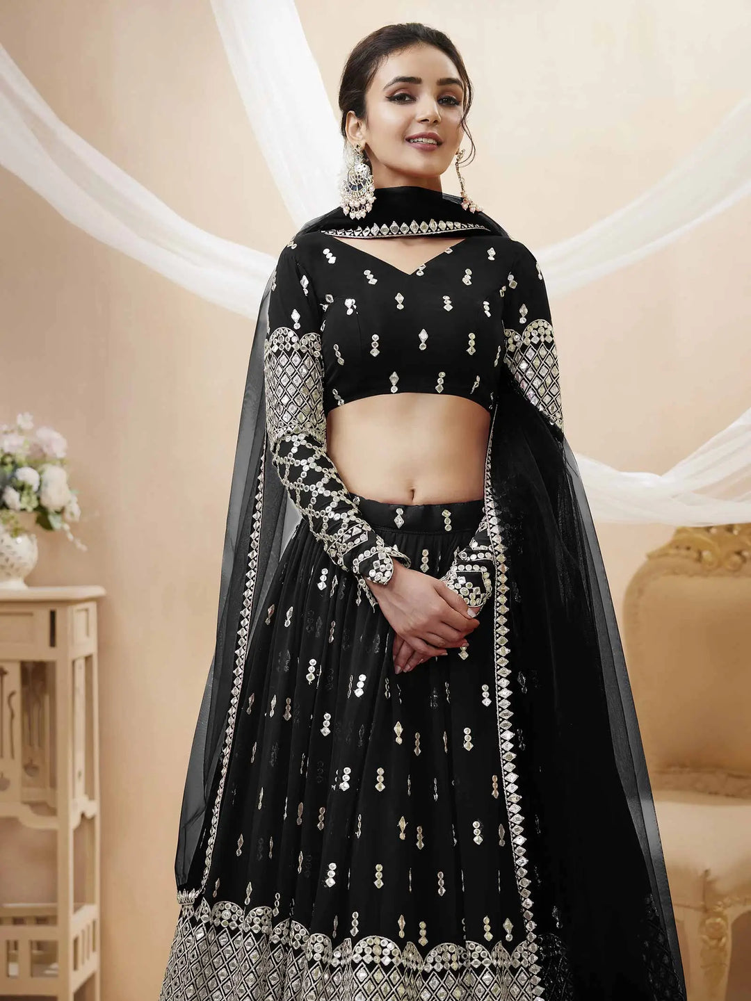 Beauty In Black Georgette Lehenga choli With Sequence And Zari Embroidery Work With Soft Net dupatta | Ready To Wear - qivii