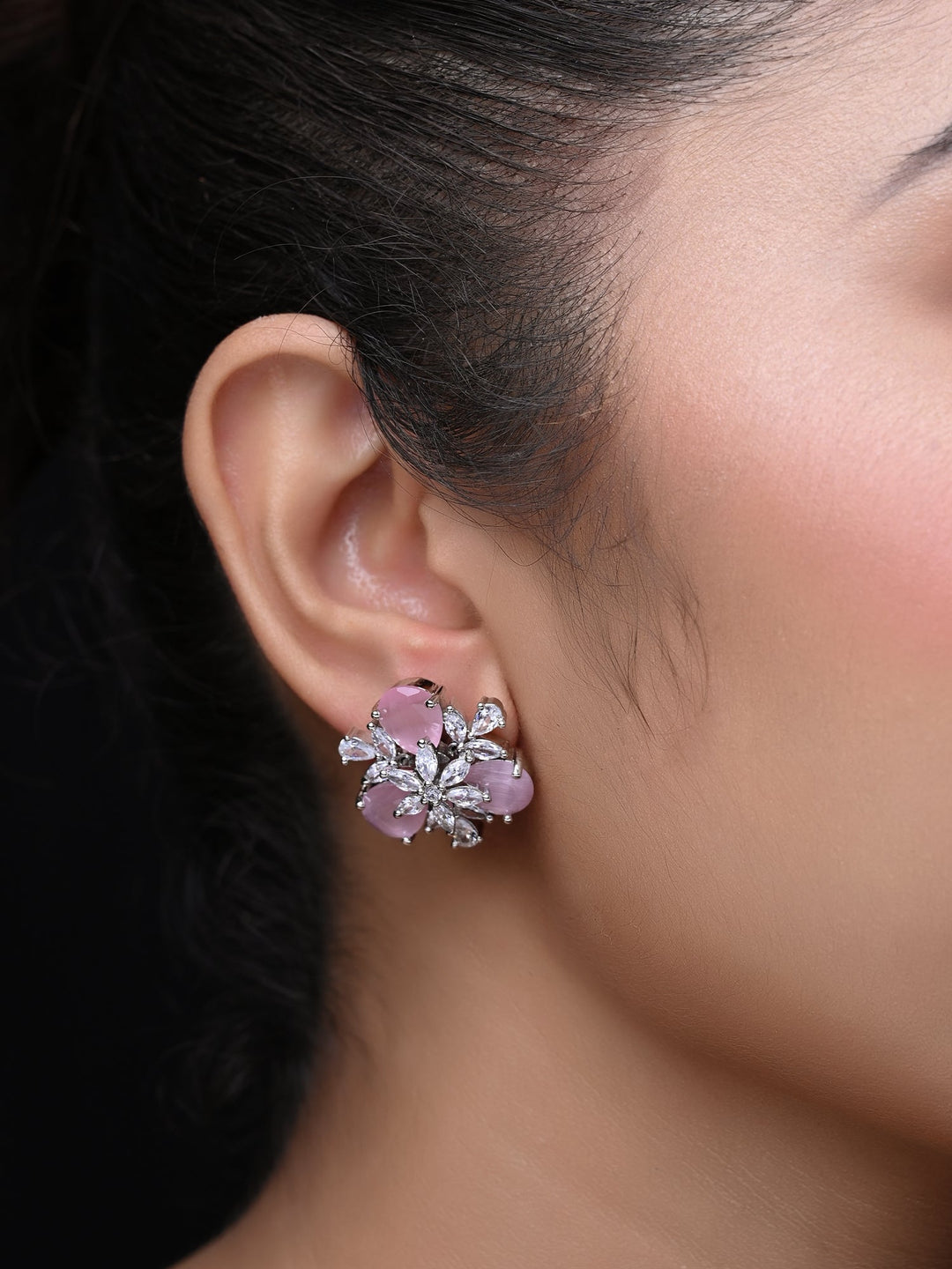 Trendy American Diamond Tops with Pink Aqua Stone and Silver Plated Brass Metal