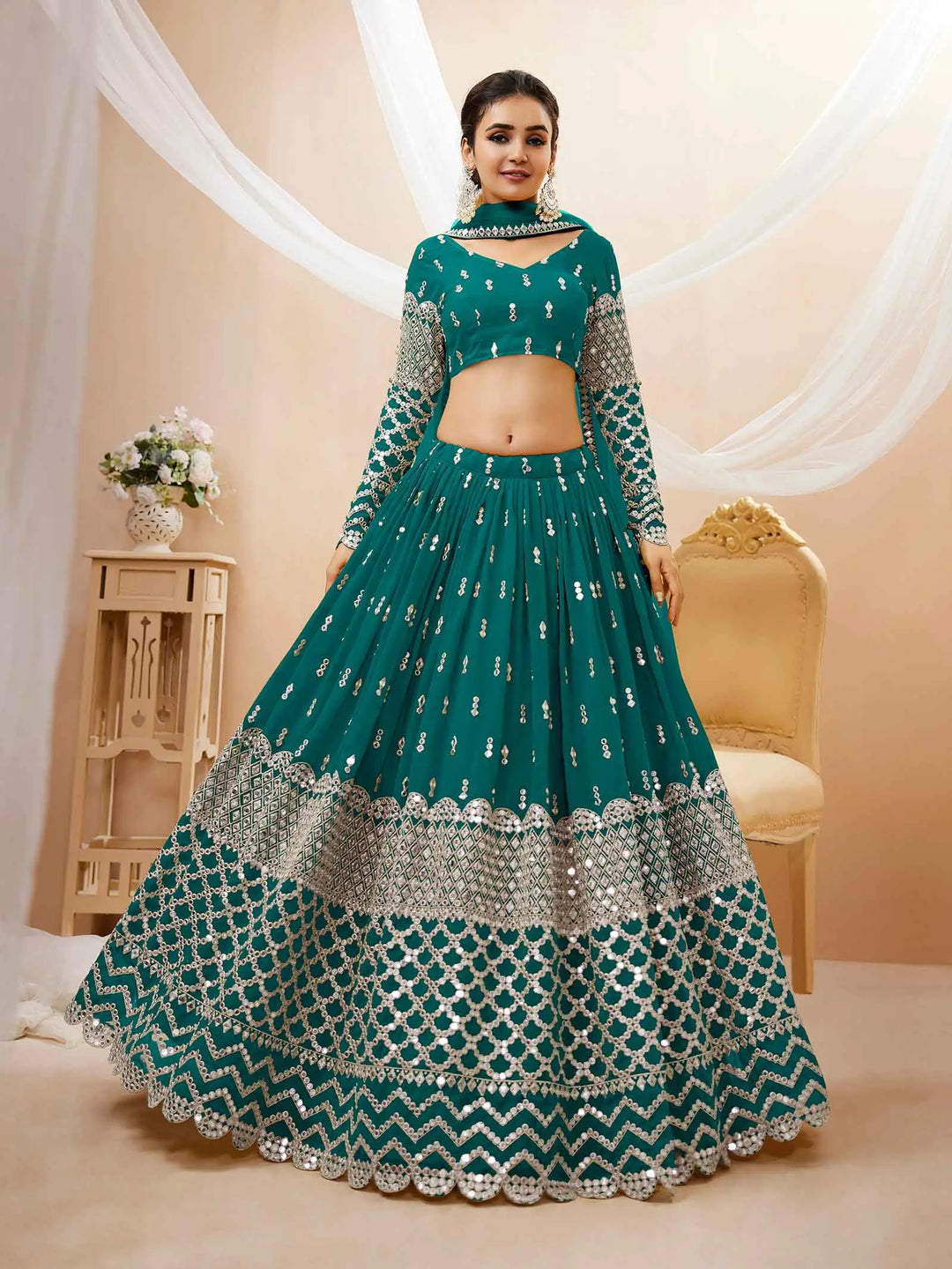 Teal Blue Georgette Lehenga  With Sequence And Zari Embroidery Work | Ready To Wear - qivii