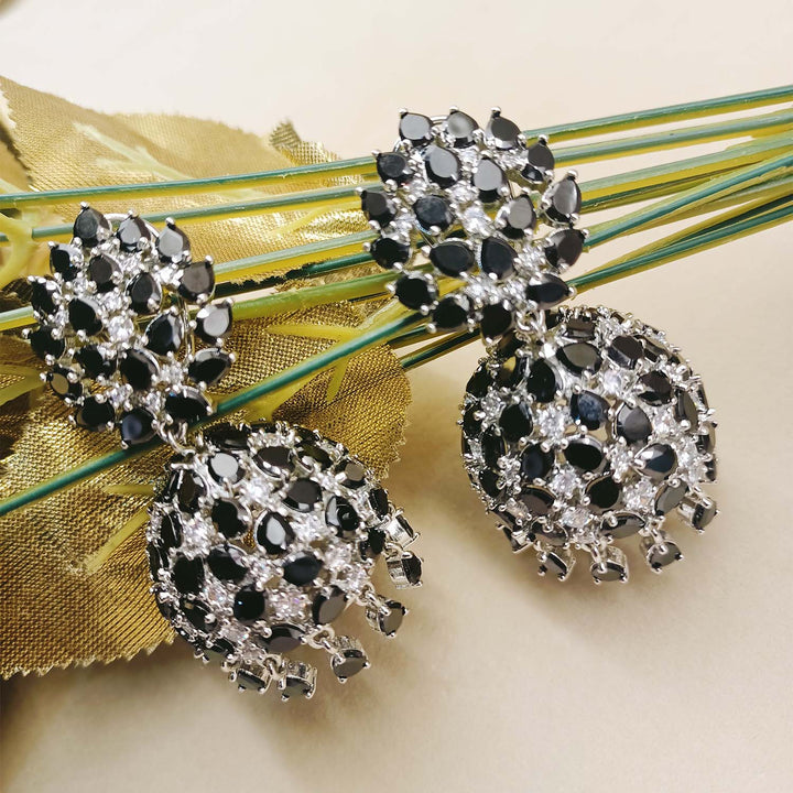 Jhanvi Black Silver Plated American Diamond Jhumki - qivii