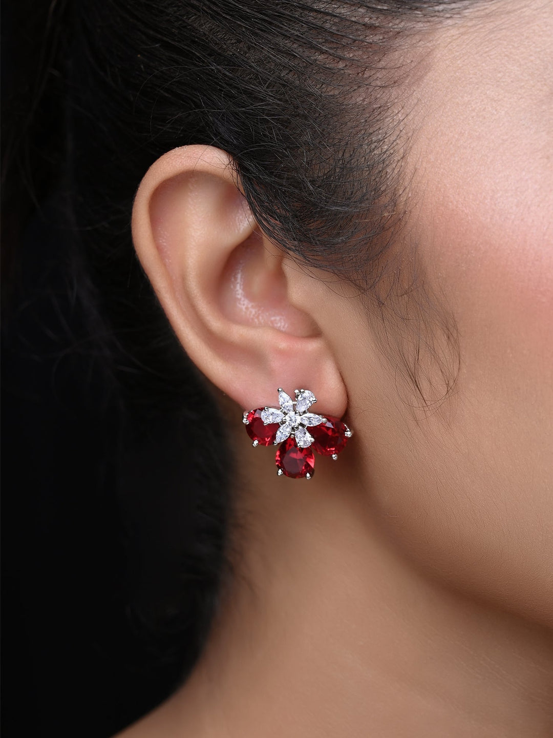 Silver Plated Brass Metal Studs with Rose Pink Gemstones