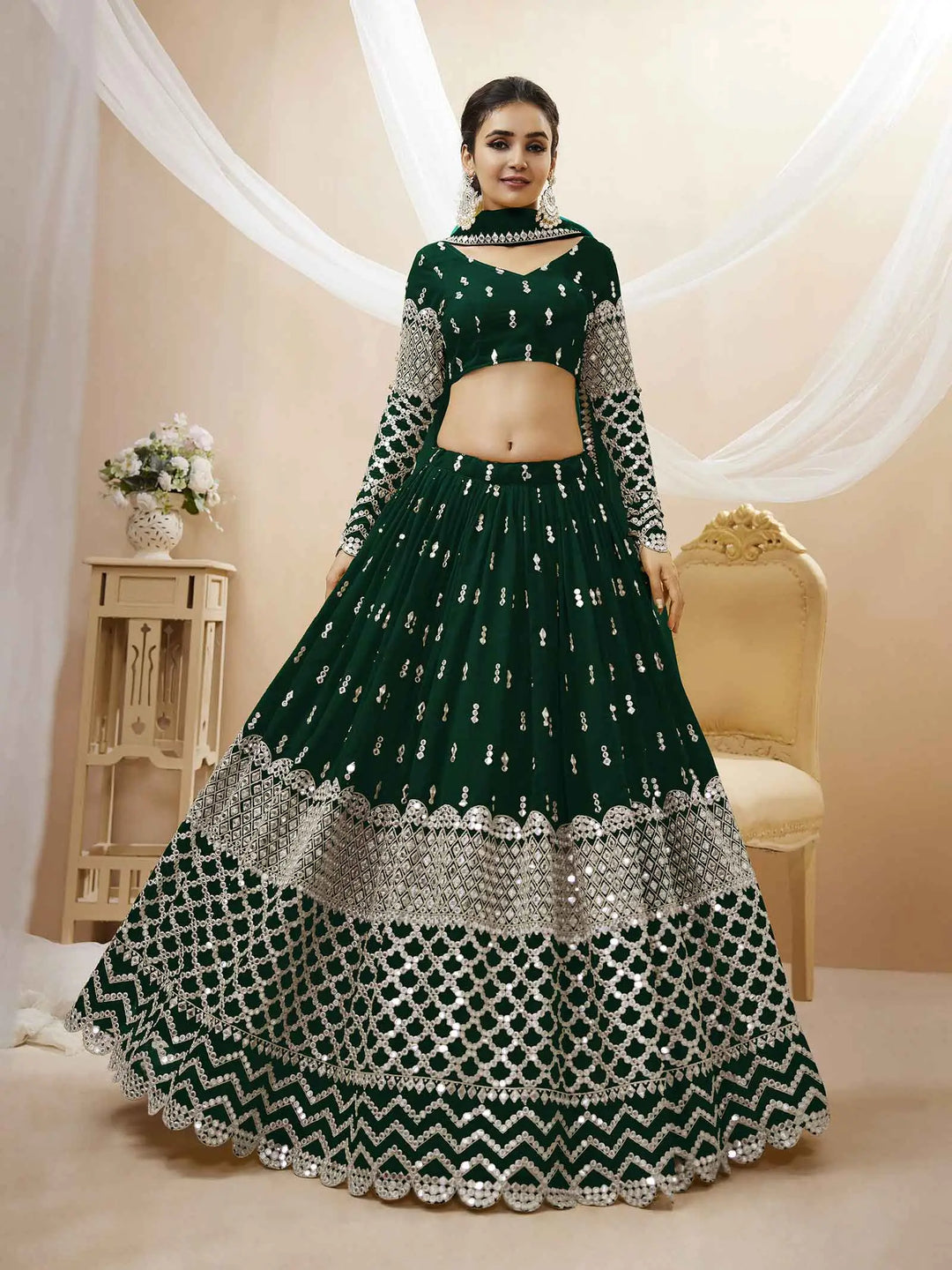 Green Georgette Lehenga  With Sequence Embroidery Work with Dupatta | Ready To Wear - qivii
