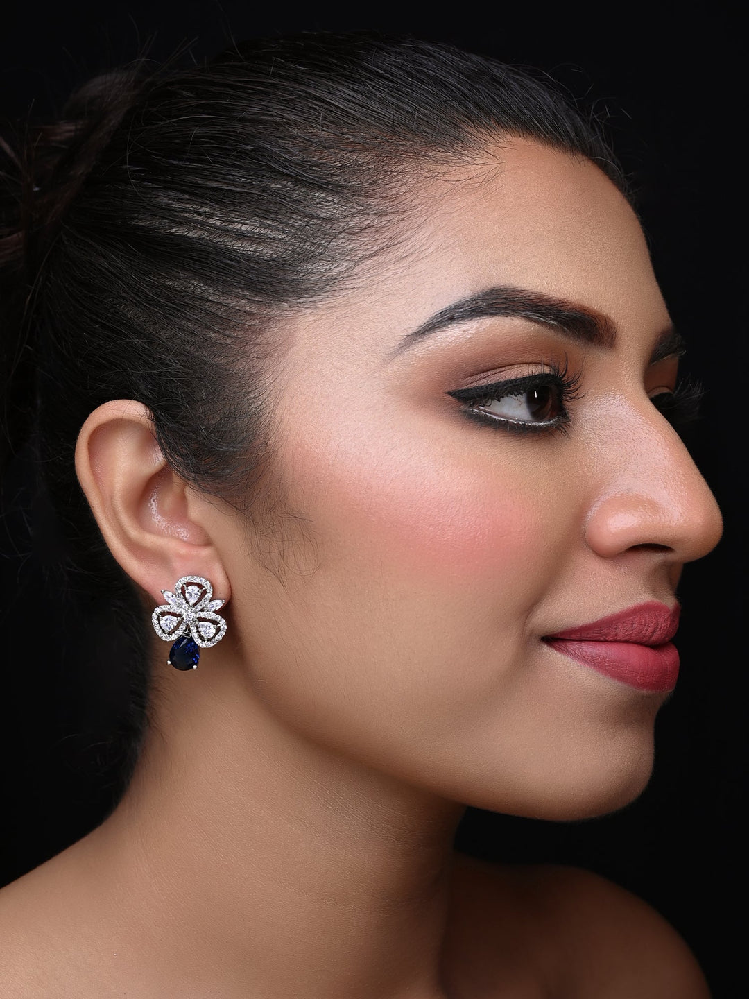 Trendy American Diamond Blue Sapphire Tops with Silver Plated Brass Metal