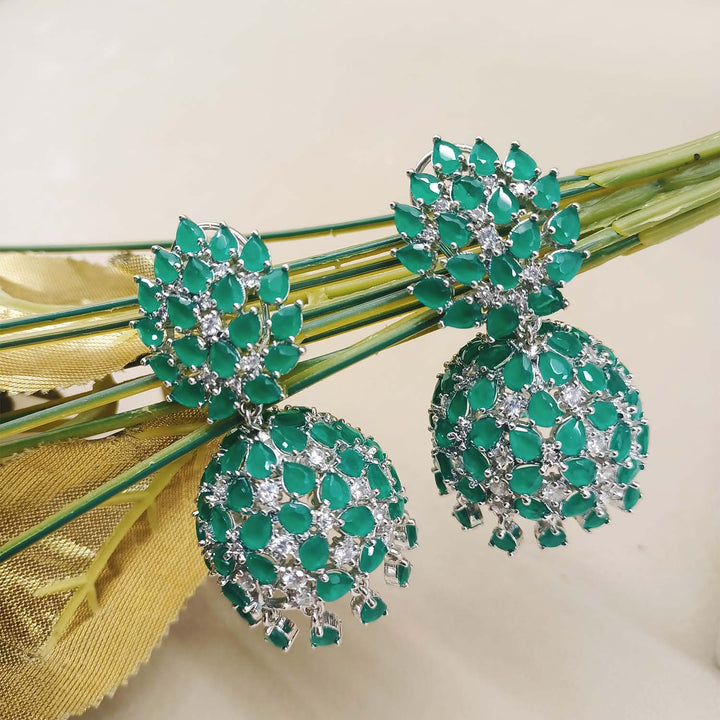 Jigyasa Green Emerald Silver Plated American Diamond Jhumki - qivii