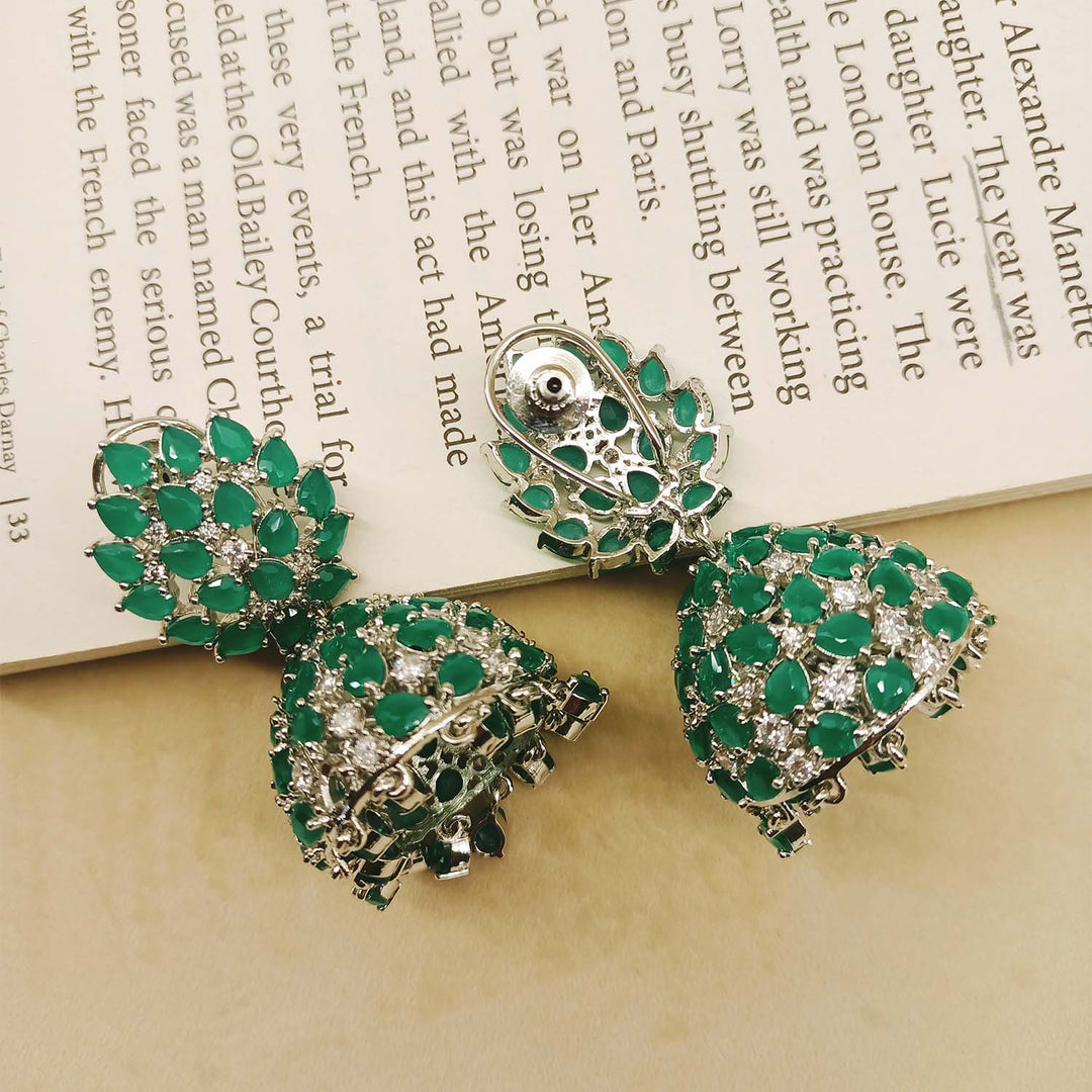Jigyasa Green Emerald Silver Plated American Diamond Jhumki - qivii