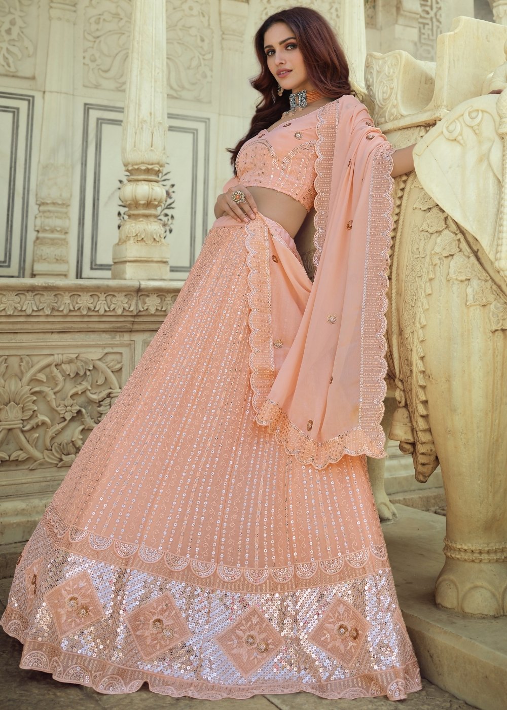 Salmon Pink Georgette Lehenga Choli with Sequins & Thread work | Ready To Wear - qivii