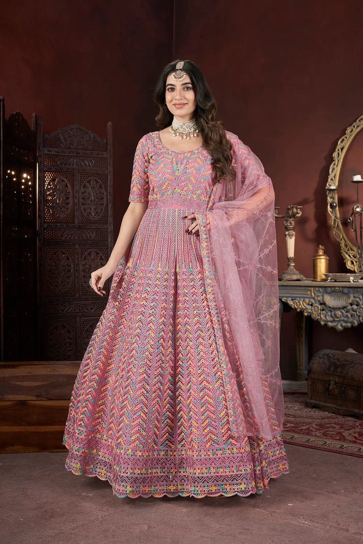 Peach Embroidery and Zarkan Ready To Wear Gown With Dupatta - qivii