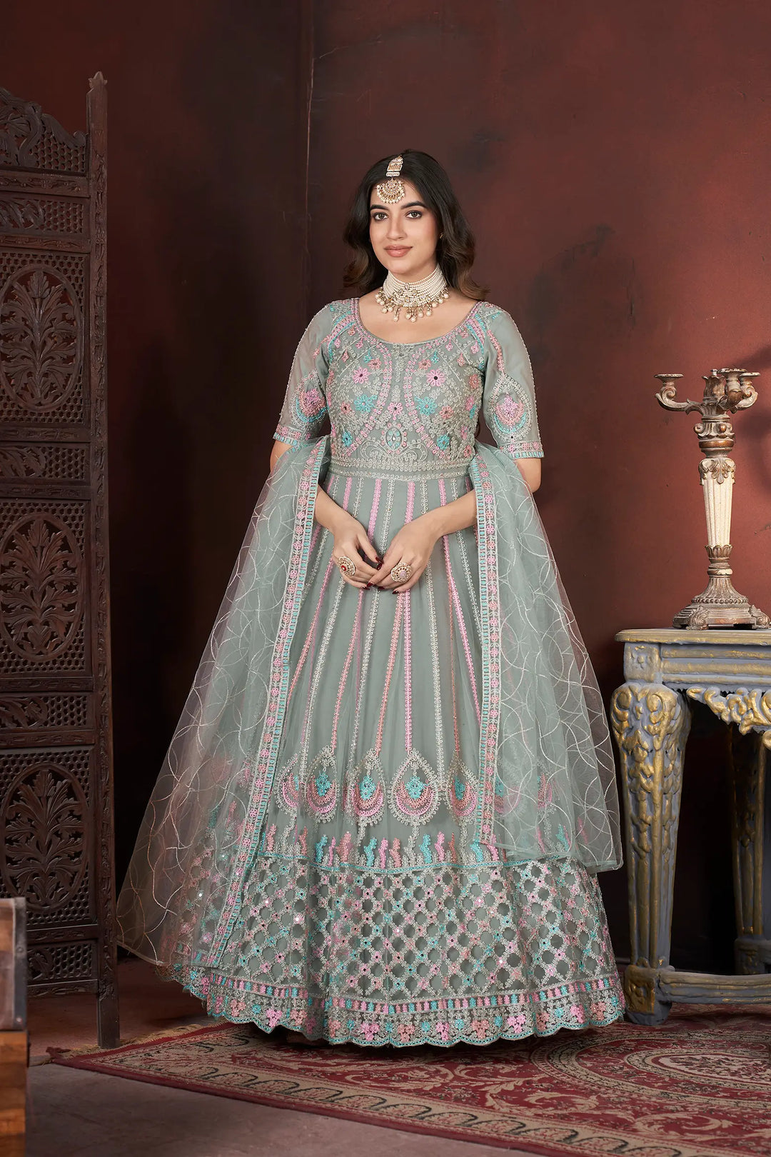 Pista Embroidery and Zarkan Ready To Wear Gown With Dupatta - qivii