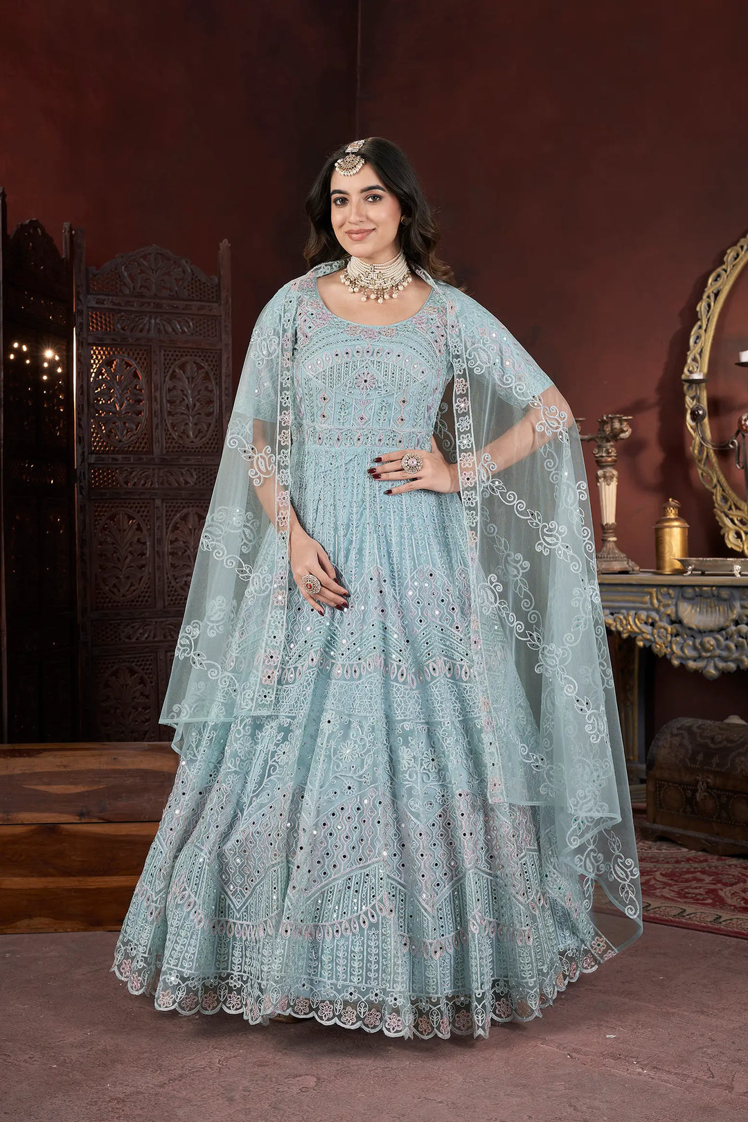 Sky Embroidery and Zarkan Ready To Wear Gown With Dupatta - qivii