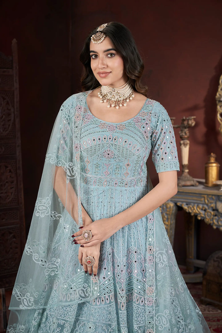 Sky Embroidery and Zarkan Ready To Wear Gown With Dupatta - qivii