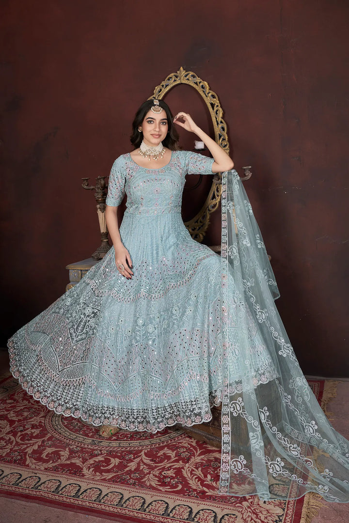 Sky Embroidery and Zarkan Ready To Wear Gown With Dupatta - qivii