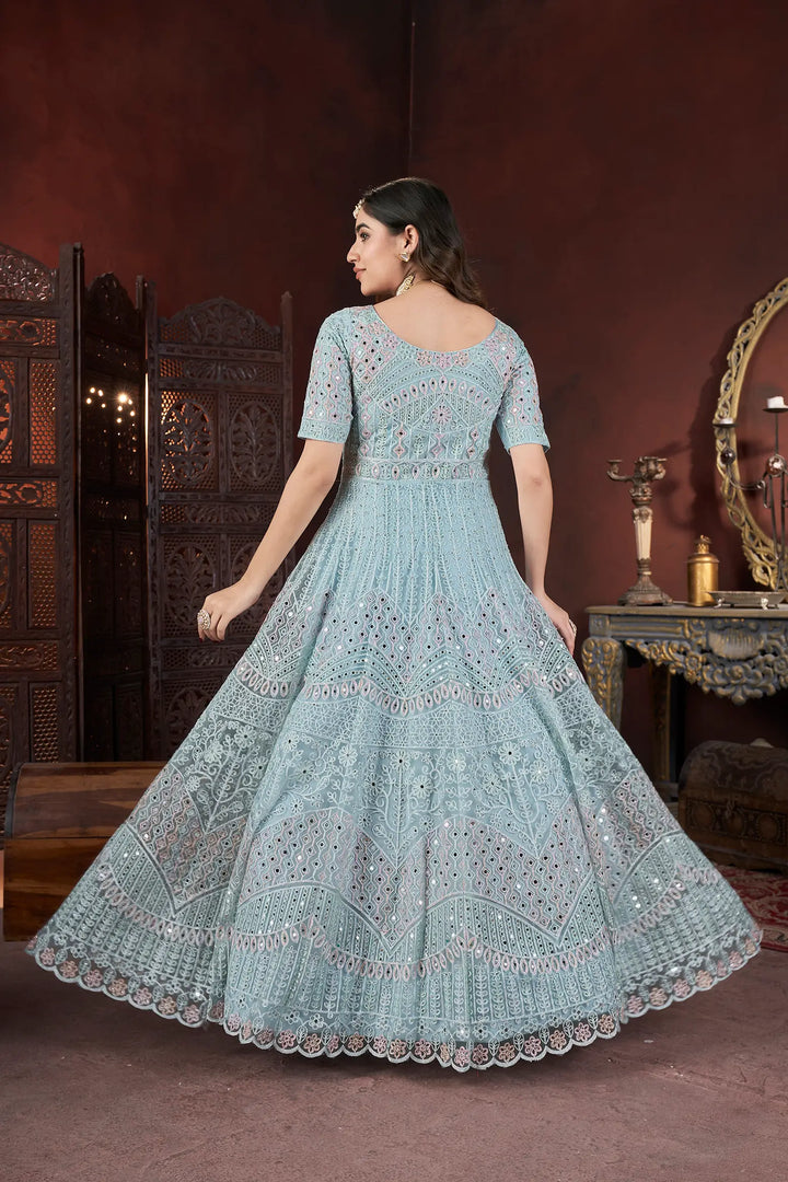 Sky Embroidery and Zarkan Ready To Wear Gown With Dupatta - qivii