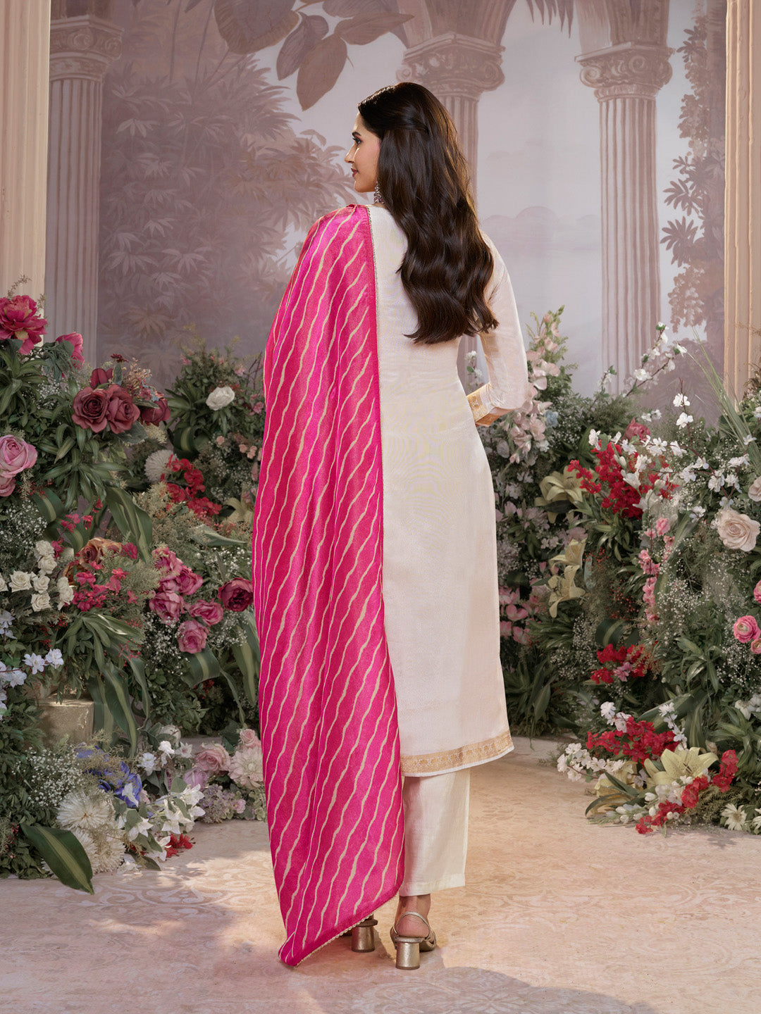 Cream Tissue Jacquard Kurta Set with Pink Contrast Digital Print Dupatta - qivii