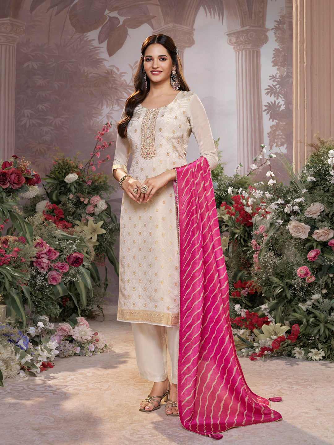 Cream Tissue Jacquard Kurta Set with Pink Contrast Digital Print Dupatta - qivii