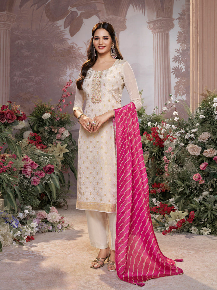 Cream Tissue Jacquard Kurta Set with Pink Contrast Digital Print Dupatta - qivii
