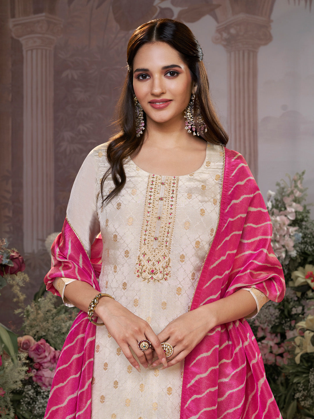 Cream Tissue Jacquard Kurta Set with Pink Contrast Digital Print Dupatta - qivii