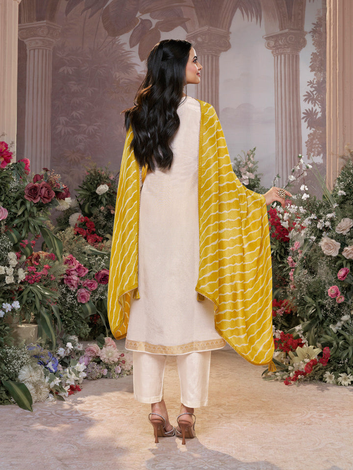 Cream Tissue Jacquard Kurta Set with Yellow Contrast Digital Print Dupatta - qivii