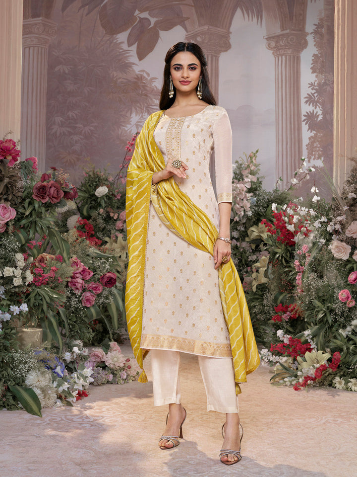 Cream Tissue Jacquard Kurta Set with Yellow Contrast Digital Print Dupatta - qivii