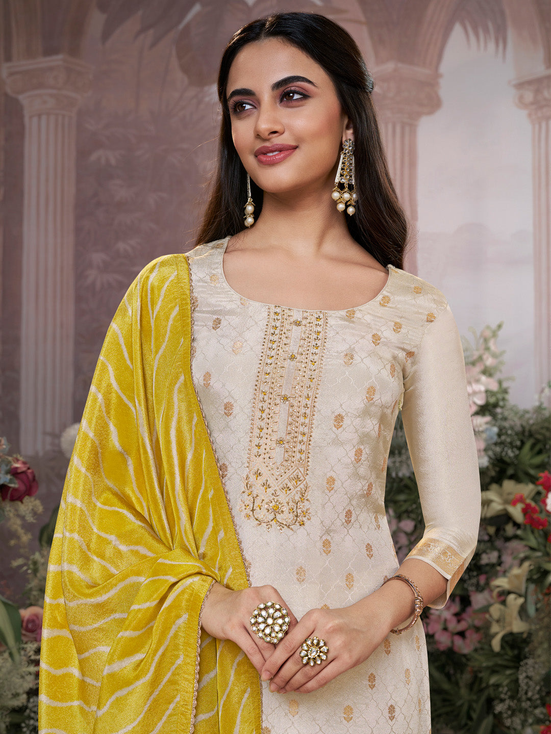 Cream Tissue Jacquard Kurta Set with Yellow Contrast Digital Print Dupatta - qivii