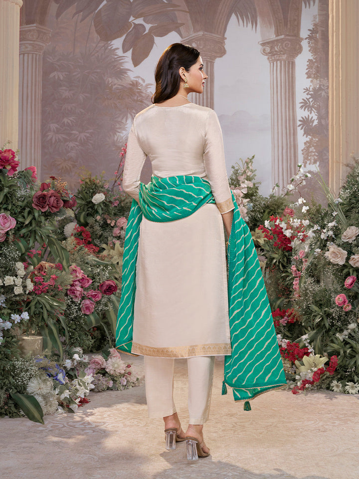 Cream Tissue Jacquard Kurta Set with Teal Green Contrast Digital Print Dupatta - qivii