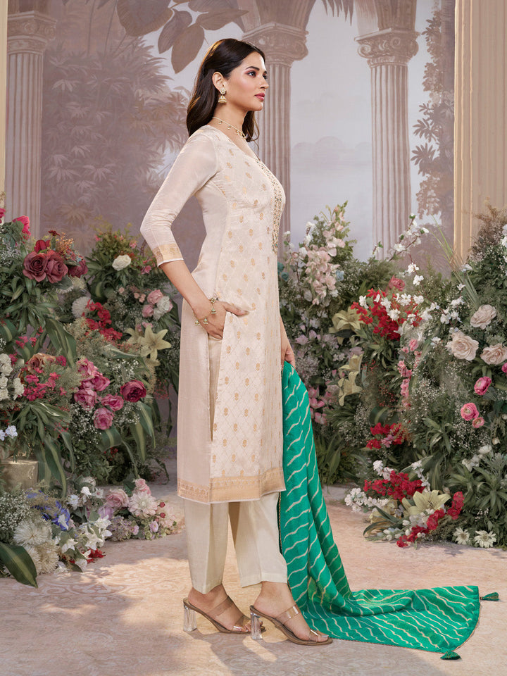 Cream Tissue Jacquard Kurta Set with Teal Green Contrast Digital Print Dupatta - qivii