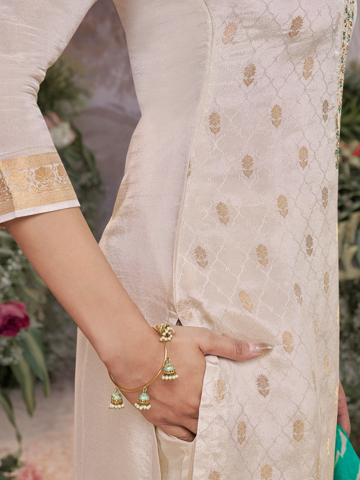 Cream Tissue Jacquard Kurta Set with Teal Green Contrast Digital Print Dupatta - qivii