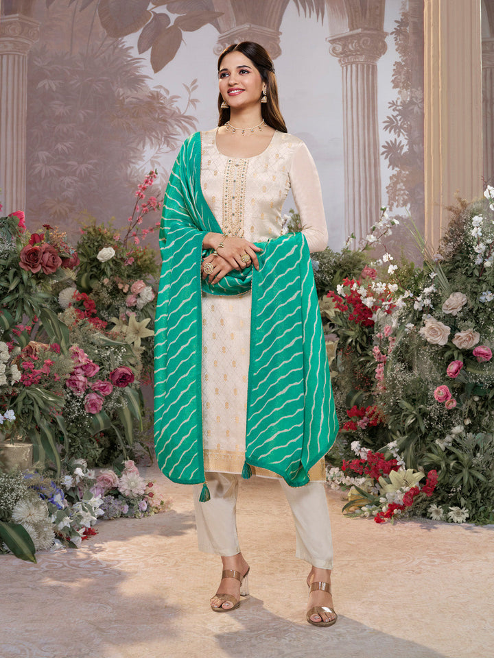 Cream Tissue Jacquard Kurta Set with Teal Green Contrast Digital Print Dupatta - qivii