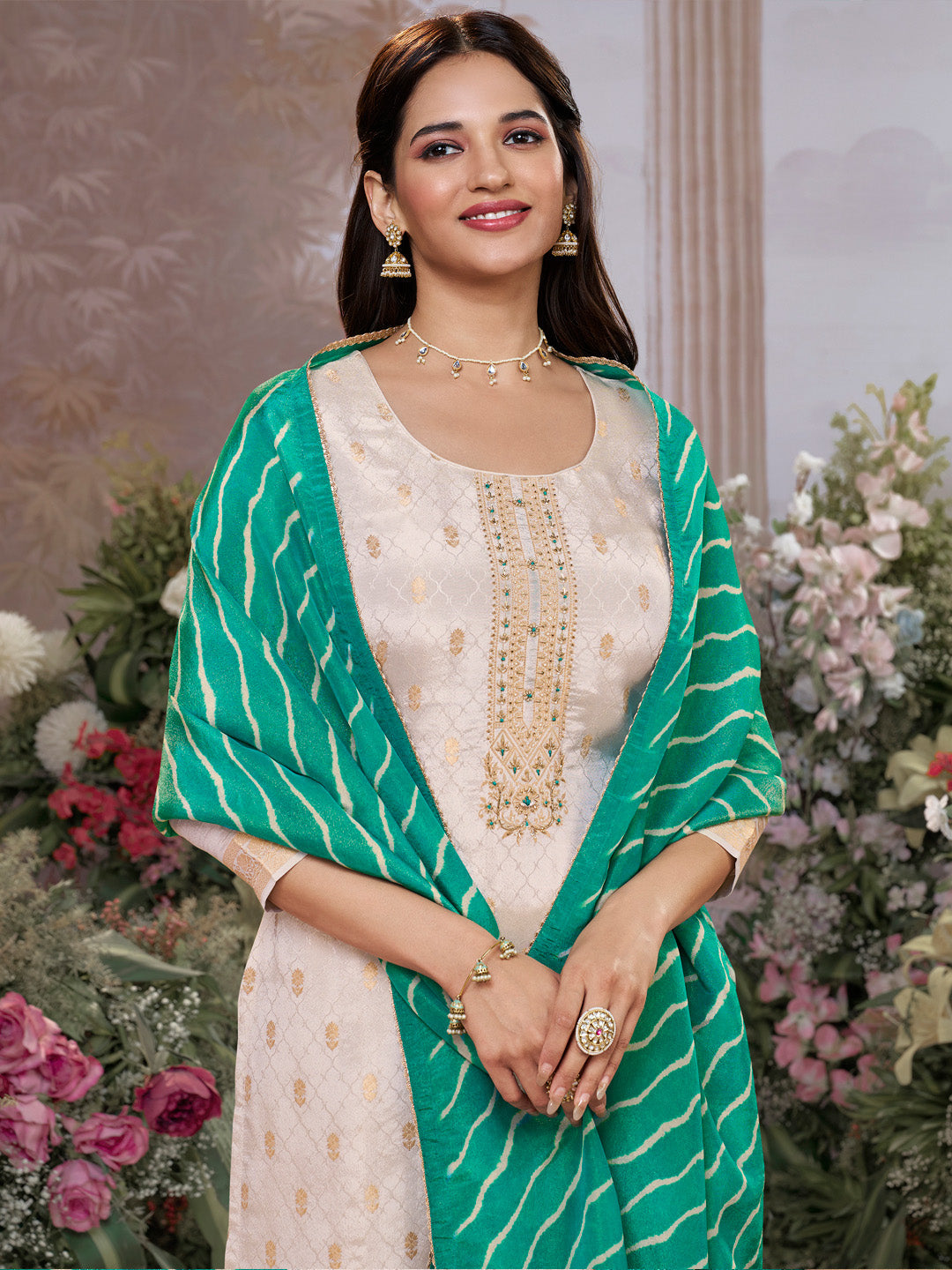 Cream Tissue Jacquard Kurta Set with Teal Green Contrast Digital Print Dupatta - qivii