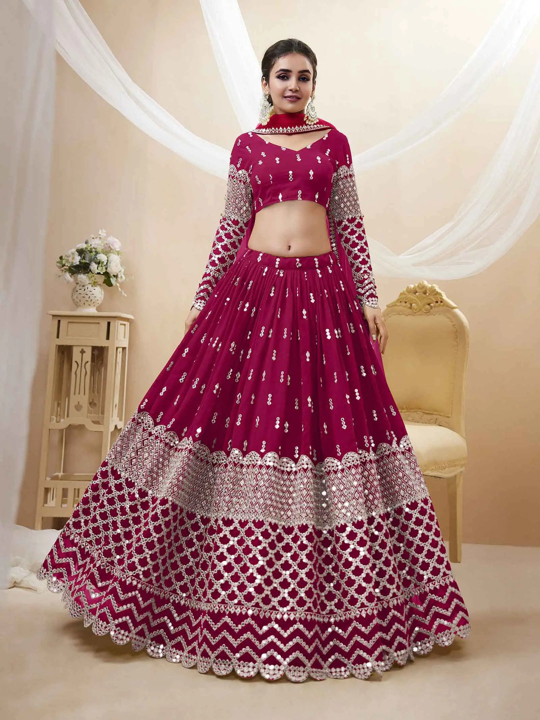 Hot Pink georgette Lehenga With Sequence And Zari Embroidery Work With Dupatta | Ready To Wear - qivii