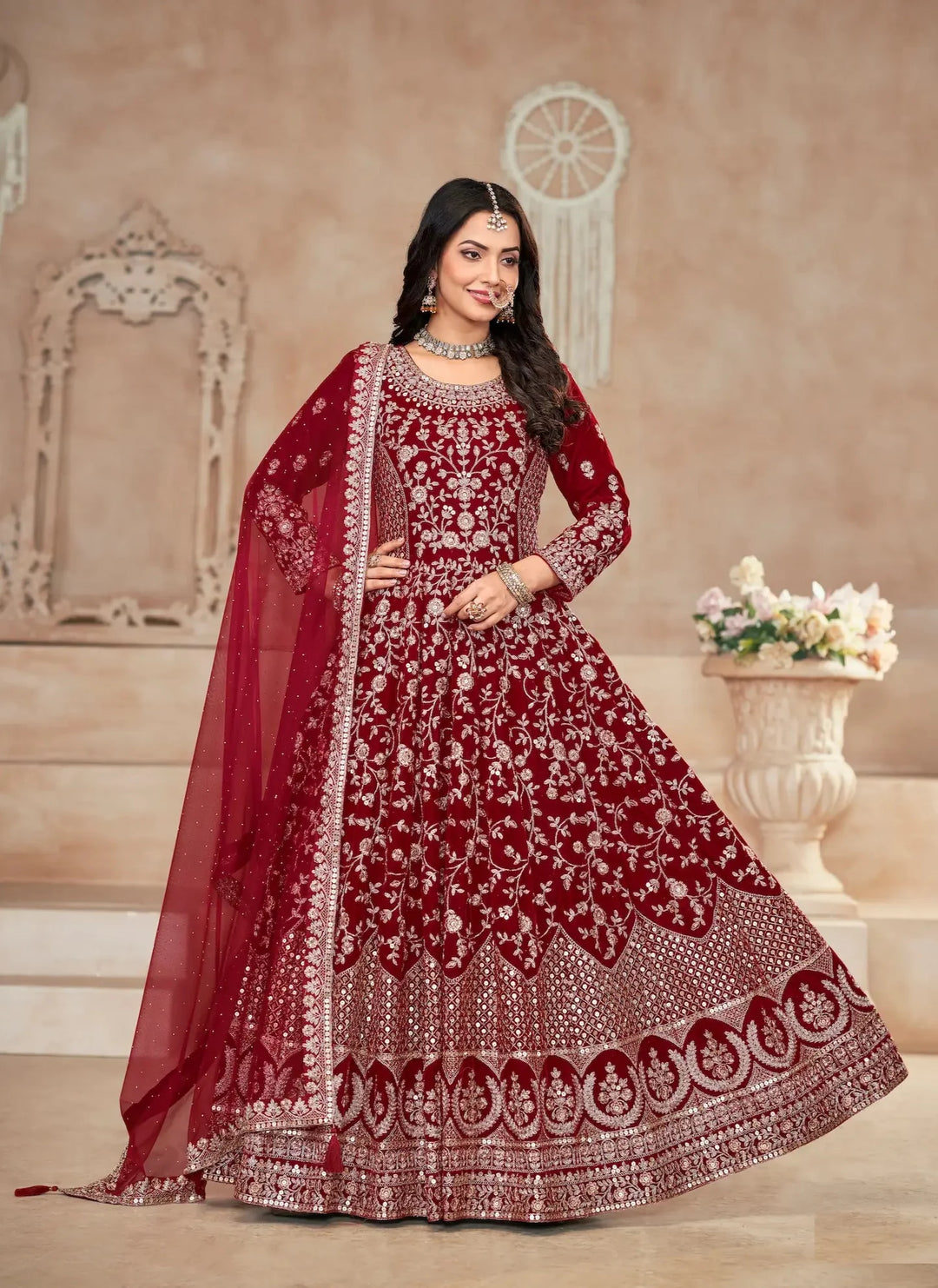 Red Velvet Thread & Sequence Embroidery Work Gown - qivii