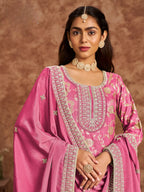 Pink Dola Silk Palazzo Salwar Suit With Thread & Sequins Embroidery Work