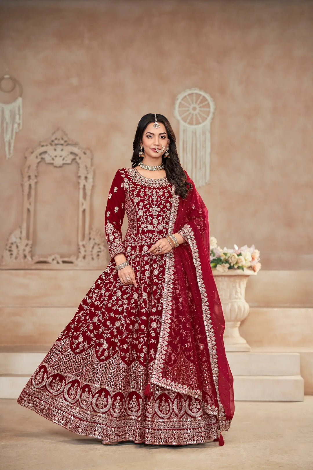 Red Velvet Thread & Sequence Embroidery Work Gown - qivii