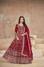 Red Velvet Thread & Sequence Embroidery Work Gown