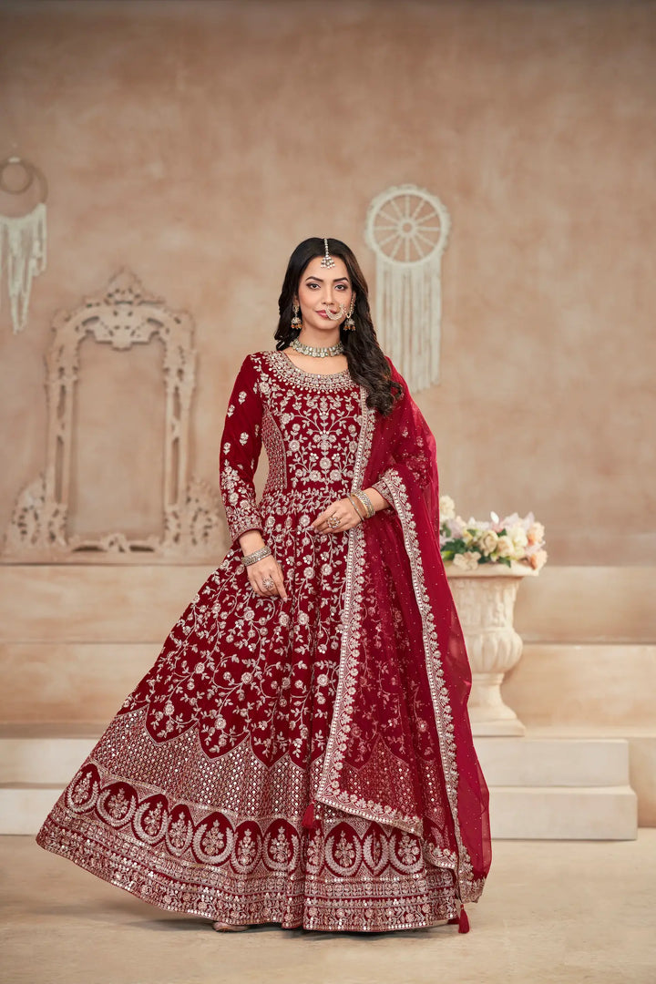 Red Velvet Thread & Sequence Embroidery Work Gown - qivii