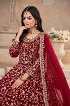 Red Velvet Thread & Sequence Embroidery Work Gown