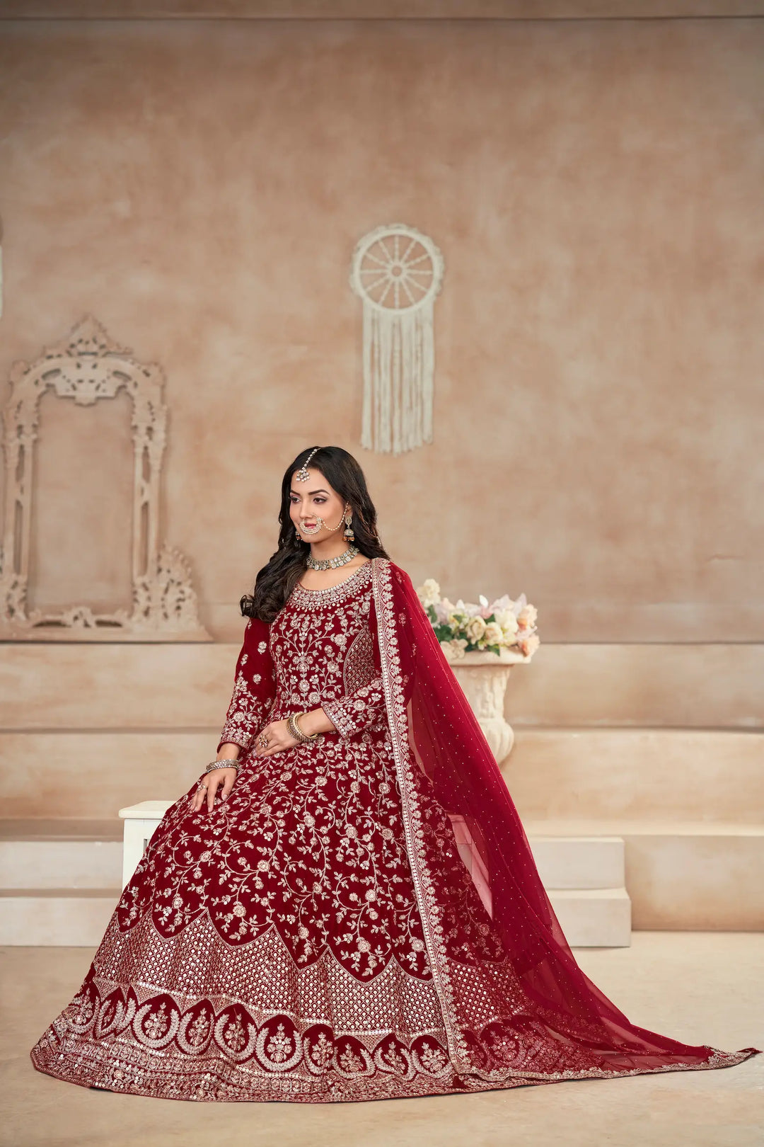 Red Velvet Thread & Sequence Embroidery Work Gown - qivii